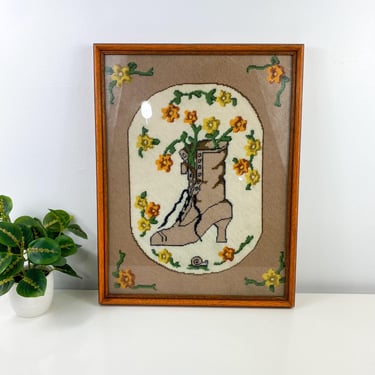 Vintage Needlepoint Victorian Boot Wall Hanging Picture, Hand Crafted Large vintage needlepoint, Snail Flower, Garden Lover, Farmhouse Decor 