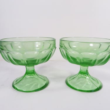 Vintage Vaseline Uranium Green Glass Bowls - Small Hazel Atlas Pedestal Bowls 