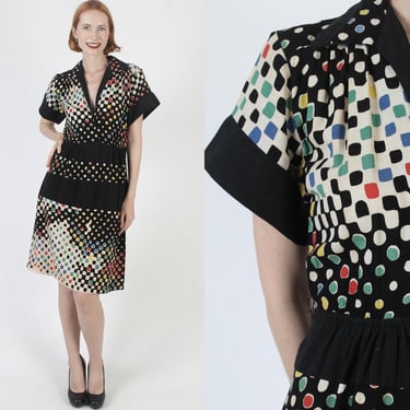 Vintage 50s Mid Century Dress, Metal Side Zipper, Black Atomic Polka Dot Print, MCM Geometric Swing Dress 