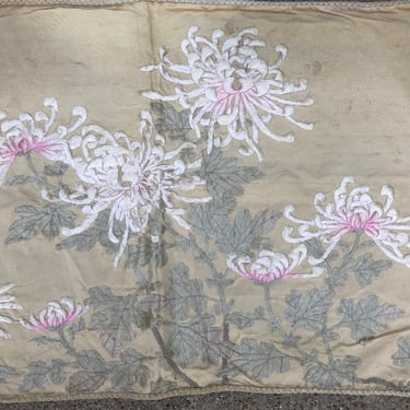 Antique Japanese Silk Embroidery Chrysanthemum Floral Design Pale Pinks, Cafe au Lait, Faded Green, Signed, Runner, Grand Piano , ca 1900s 