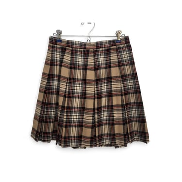 Vintage Henri Bendel Tartan Plaid Skirt, 100% Wool Black & Tan Pleated Mini, Preppy Light Academia, Made USA Clothes, Retro 1980s Clothing 