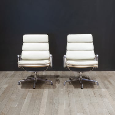 Eames Soft Pad Lounge Chairs in Ivory Leather by Herman Miller