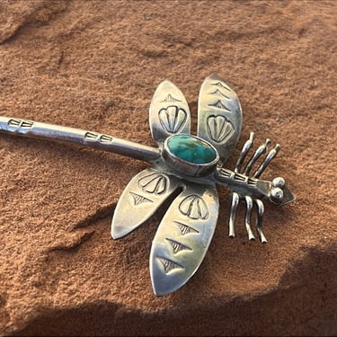 Vintage Native American Sterling Silver and Turquoise Dragonfly Pin / Brooch with Stamp Work on Wings 