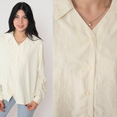 Embroidered Top Y2K Off-White Button up Blouse Long Sleeve Shirt Summer Boho Hippie Bohemian Vintage 00s Anthony Richards Extra Large xl 16 