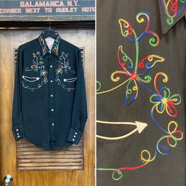 Vintage 1950’s Jet Black Rayon Gabardine Western Cowboy Rockabilly Shirt, Diamond Pearl Snap Buttons, 50’s Vintage Clothing 