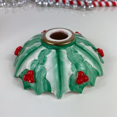 Japan Holly Leaf and Berry Round Candle Holder Green and White, Vintage Japan Candle Holder, replacement piece, Candlestick Holder, Holiday 