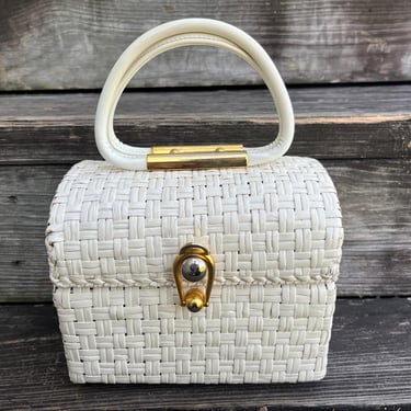 1960s white basket purse woven wicker straw speedy handbag 