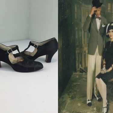 Lila Rose & Sandman - Vintage 1920s 1930s Black Silk Satin T Strap Dress Heels Shoes - 9 1/2 