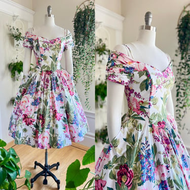 Vintage 1980s Dress | 80s KARIN STEVENS Romantic Floral Print Cotton Sweetheart Off Shoulder Circle Skirt Midi Tea Dress (small-large) 