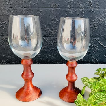 Wood Stem Wine Glass Pair