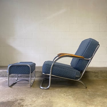 Kem Weber for Lloyd Midcentury modern art deco chrome tubular lounge chair and ottoman 
