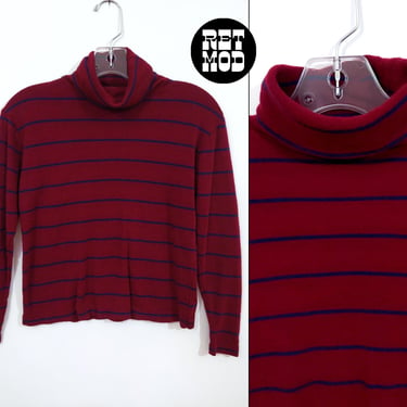 Teen Size - SOFT Vintage 70s Maroon Navy Stripe Turtleneck Top 