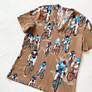 1970s Brown Cyclist Print T-Shirt 