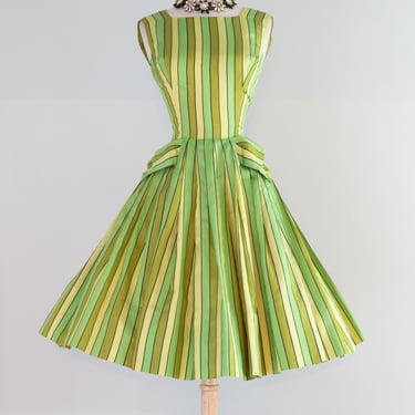 Rare Early 1960's Arnold Scaasi Couture Lime Citrus Striped Party Dress / Small