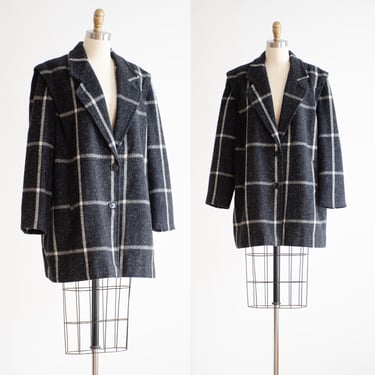 plaid wool coat 80s vintage Miss New Yorker black white oversized preppy plaid jacket 