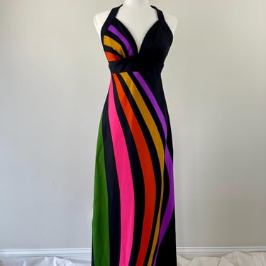1970s Tori Richard Striped Polyester Halter Dress 