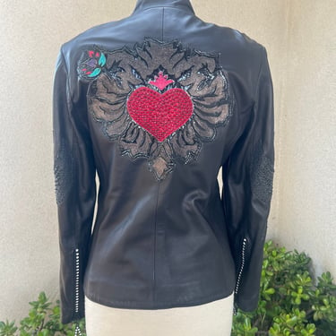 Vintage Kippys avant-garde black leather jacket roses crucifix burning heart theme Sz Small 