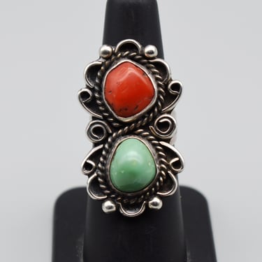 70's coral turquoise sterling size 6 Southwestern ring, long 925 silver red & green stones statement 