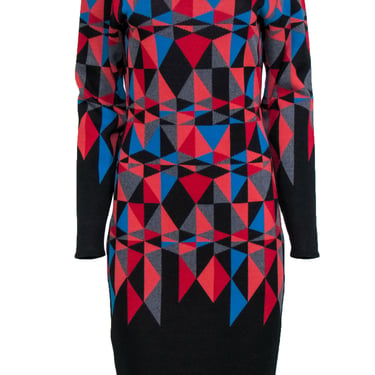 St. John - Multicolor Geometric Print Knit Dress w/ Plunging Back Detail Sz M
