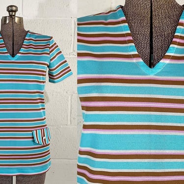 Vintage Jantzen Striped T-Shirt Blue Pink Brown White Stripe Shirt Tunic Short Sleeve Hipster Retro 1970s 70s Mod Tee Stripes Medium Small 