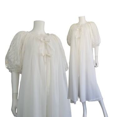 Vintage Nightgown Peignoir Set, Large / 1950s Sheer White Chiffon Bridal Lingerie / Long Ruffled White Lace Wedding Nightgown and Robe Set 