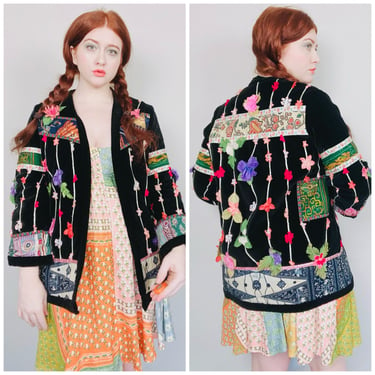 1970s VIntage Velvet 3D Flower Quilt Coat / 70s / Seventies Rainbow Floral Patchwork Jacket / Size Large 