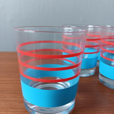 Striped Old Fashioned Glasses | Set of 4 Midcentury MCM Rocks Glasses | Red and Blue Stripes 