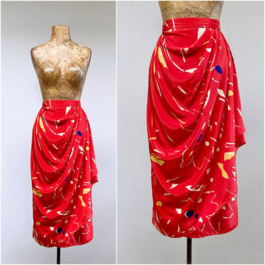 Vintage 1980s Red Rayon Abstract Print Skirt, 80s New Wave Faux Wrap with Asymmetrical Flounce, Small 27 Inch Waist, VFG 