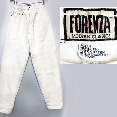 80's Forenza White Denim Jeans, High Waist, Trouser, Mom Jeans, Pants, 1980's Vintage, Size 8, Relaxed Tapered 