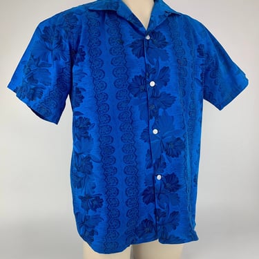 1960'S Hawiian Shirt - Vivid Blue Cotton - Tropical Orchid Print - Loop Collar - Screen Printed with Gold Details - Men's Size MEDIUM 