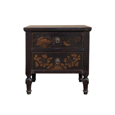 Oriental Distressed Black Lacquer Drawer End Table Nightstand cs7255E 