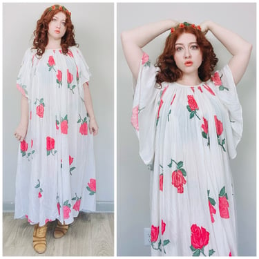 1980s Vintage Therese Cotton Gauze Sheer Floral Maxi Dress / 80s / Eighties Beautiful Rose / Roses Huge Sweep Gown / One Size 