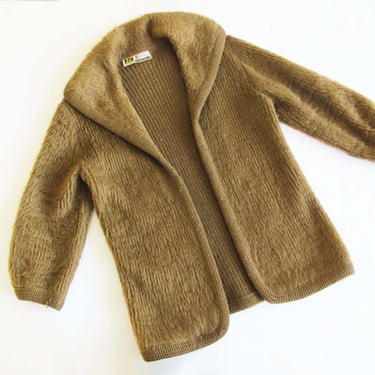 Vintage 60s Mohair Cardigan Jacket S M - Brown Gold 1960s Fuzzy Knit Mohair Jacket Oversized Collar - Buttonless Open Long Cardigan 