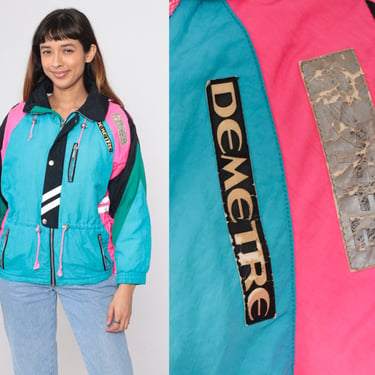 Demetre Ski Jacket 80s 90s Turquoise Color Block Hot Pink Black Winter Coat Puffy Jacket Puffer Coat Neon 1990s Vintage Puff Jacket Small 