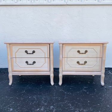 SOLD Pair of Vintage Faux Bamboo Nightstands or End Tables FREE SHIPPING - Set of 2 White Wash Broyhill Hollywood Regency Furniture 