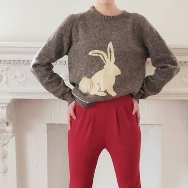 1990s Brown Wool Sweater White Rabbit with Fuzzy Tail / 90s Crew Neck Light Brown Pullover St Marys Woolens Handloomed Bunny Bunnies / M 