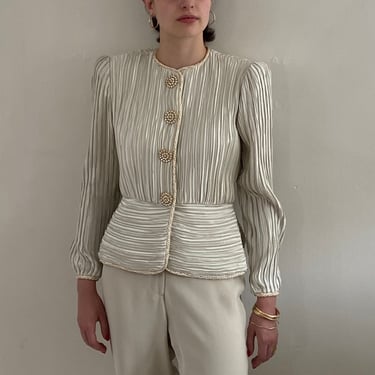 90s plissé blazer / vintage ivory Couture plissé fortuny pleats peplum evening cocktail blazer | Small 