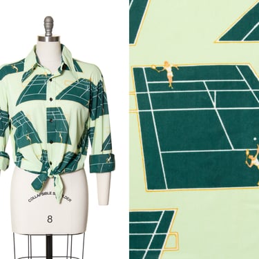 Vintage 1970s Blouse | 70s Tennis Novelty Print Nylon Jersey Green Dagger Collar Long Sleeve Shirt Button Up Top (womens xl | mens large) 