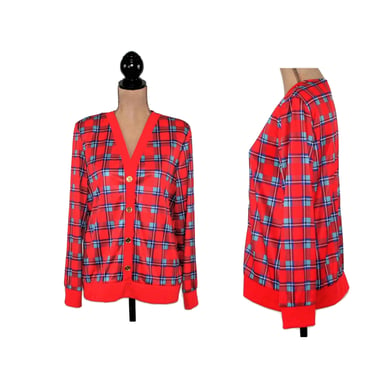 80s Blue and Red Plaid Cardigan Medium - Lightweight Stretch Knit V Neck Button Up Sweater - 1980s Clothes Women Vintage from HABAND FOR HER 