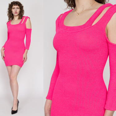 Small 90s Hot Pink Cold Shoulder Crinkle Bodycon Mini Dress | Vintage Stretchy Fitted Long Sleeve Party Dress 