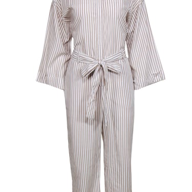 Club Monaco - White &amp; Taupe Striped Belted Jumpsuit Sz 4
