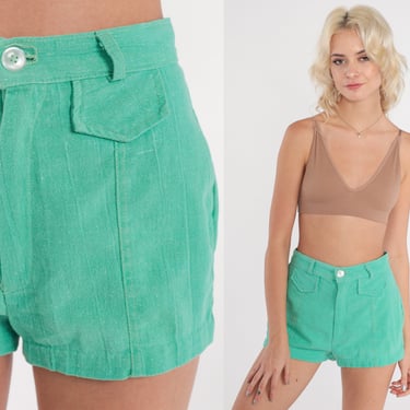 70s Shorts Green High Waisted Shorts Retro Trouser Shorts Plain Shorts Pinup Summer Hotpants Festival Cotton Hippie Vintage 1970s Small S 27 