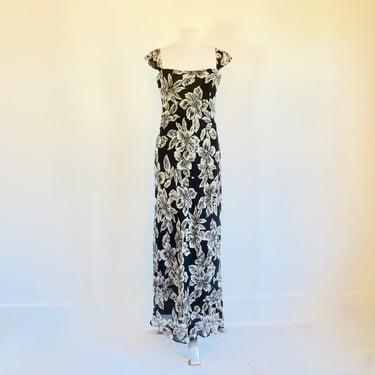 1930's Style Ralph Lauren Black and White Floral Print Chiffon Long Bias Cut Dress Form Fitting Square Neckline Gathered Shoulders Size 10 