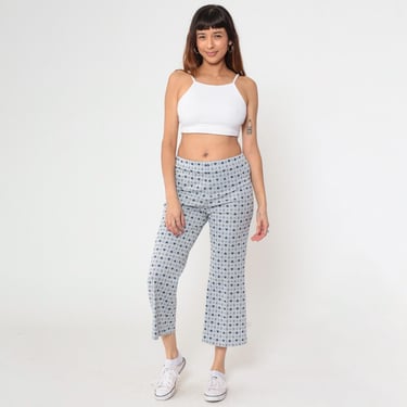 70s Heart Print Flared Pants Blue Grey Ankle Trousers High Waisted Bell Bottoms Seventies Cropped Flares Vintage 1970s Small Medium Short 