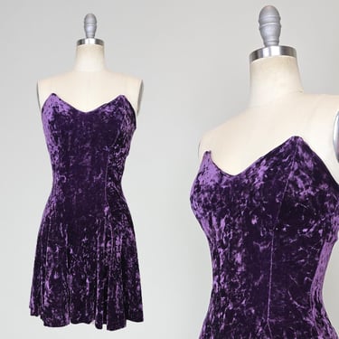 1990s Betsey Johnson Dress / Vintage Betsey Johnson / Purple Velvet Strapless / Velvet Dress / Size Extra Small 