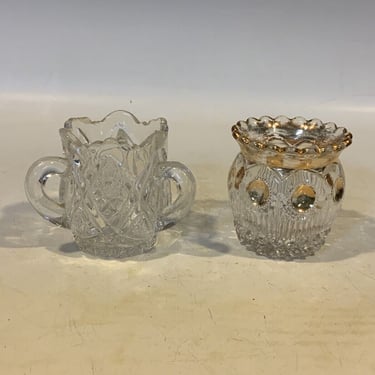 2 EAPG Toothpick Holders US Glass 3 Handle Gold Trim, 