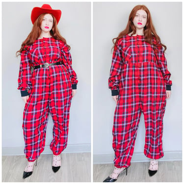 1990s Vintage Ashley Taylor Red Plaid Jumpsuit / 90s / Flannel Checkered Cotton Button Front Playsuit / Large - XXL 