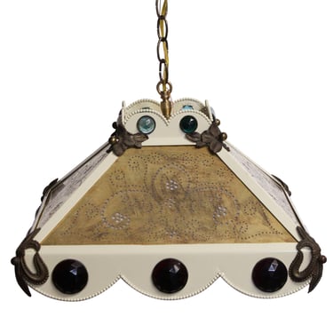 Restored Eclectic Jeweled Fleur de lis Brass Pendant Light