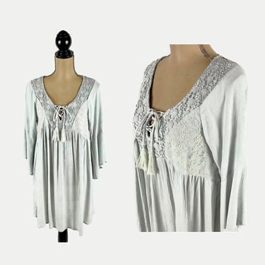 Bell Sleeve Boho Top or Mini Dress | Tassel Tie Lace Up Empire Waist Gauze Tunic, Romantic Flowy Loose Fit, Hippie Clothes Bohemian Clothing 