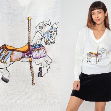 Carousel Horse Sweater 70s White Embroidered Knit Sweater Merry Go Round Circus Pony Print Novelty V-Neck Acrylic Vintage 1970s Medium M 